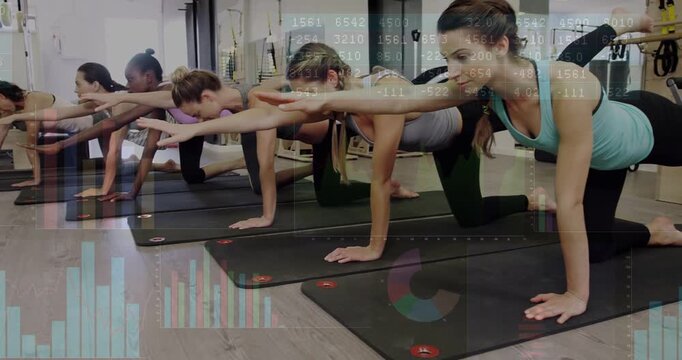 Seven women on coach cue extending arm forward and leg back, building fitness with data overlays