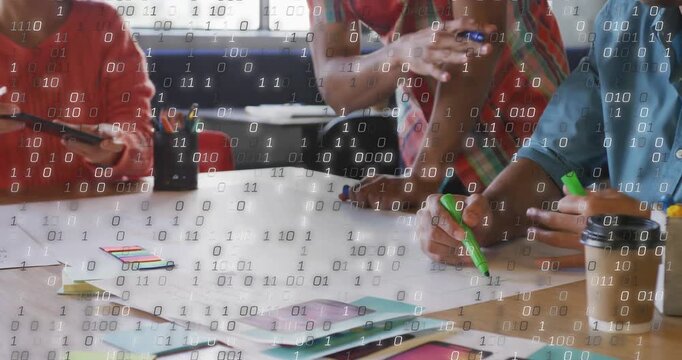 Vertical video: Pointing plaid man urging team writing on sheet for design in office binary overlay