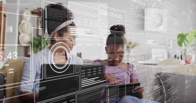 Mother balancing laptop, leaning toward daughter tapping tablet, HUD panels updating education