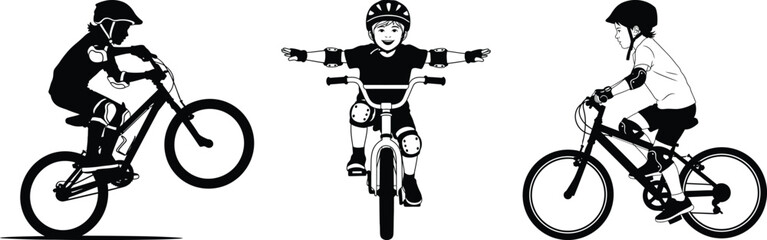 Naklejka premium Black and white illustration of three cyclists in dynamic poses