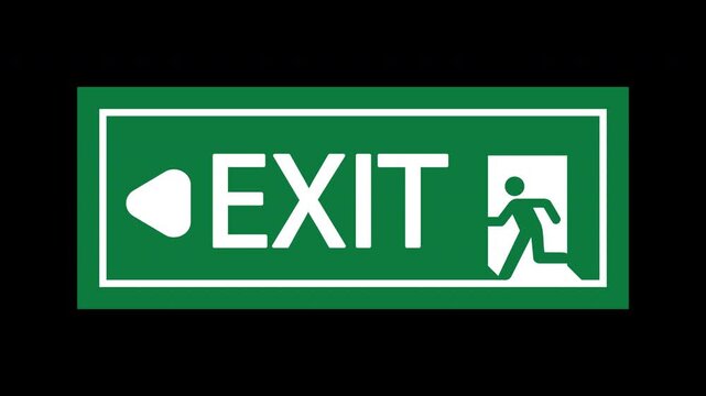 Exit icon animation. Green exit sign with running figure on black background.