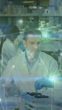 Vertical video: Lead reacting as gloved hand handing sample, processing lab tests, overlay showing