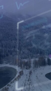 Vertical video: Drone dropping over frozen coast, hex overlay drifting, marking tracks for survey