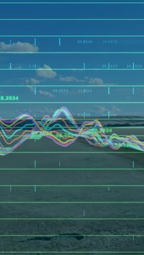 Vertical video: Data waves appearing, shifting peaks, updating ticks above coast runway guardrail