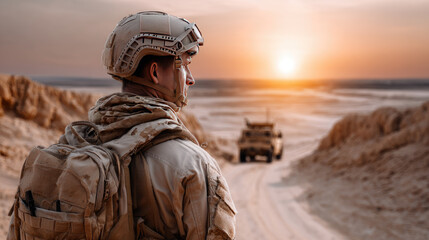 Obraz premium Soldier in camouflage fatigues, helmet, and tactical sunglasses maintaining vigilance in a barren desert landscape, representing duty, courage, and armed forces operations