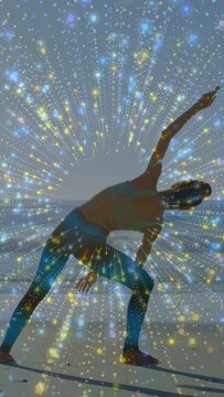 Vertical video: Woman balancing on line, shifting weight as dots overlaying frame for health