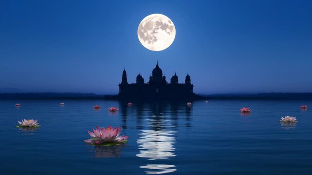 Serene Night Scene of a Temple Silhouette Under the Full Moon with Lotus Flowers Floating on Water for Jyeshtha Adhika Purnima Celebration