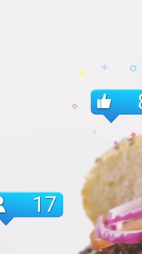 Vertical video: Bubble appearing right, burger sliding up, blue bubbles with counts, promoting food