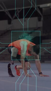 Vertical video: Male runner moving to start motion causing HUD tracing blade torso for sports study