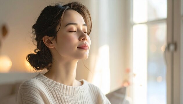 A serene woman basks in the sunlight, enjoying a moment of tranquility. The soft light illuminates her face as she closes her eyes and breathes deeply
