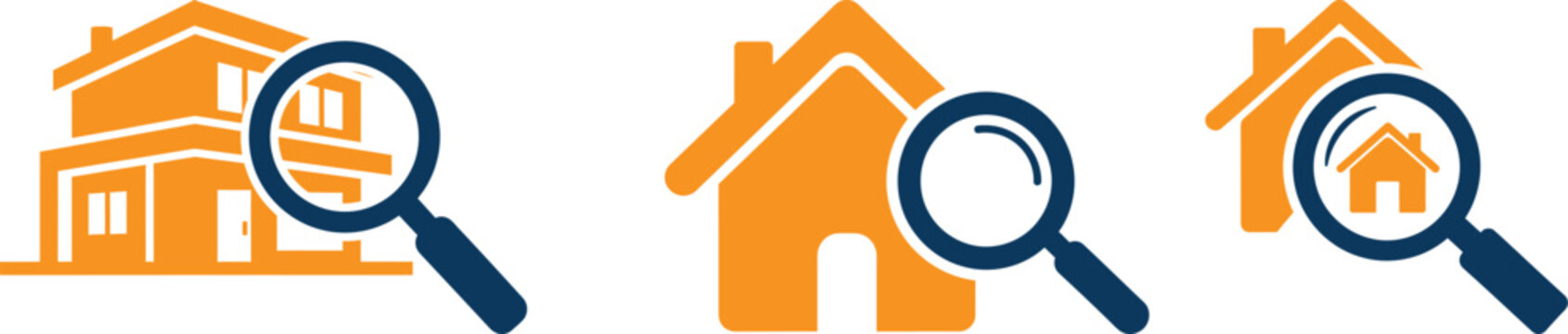 Title real estate search examining houses with magnifying glasses description three orange house icons are displayed with blue magnifying glasses inspecting each