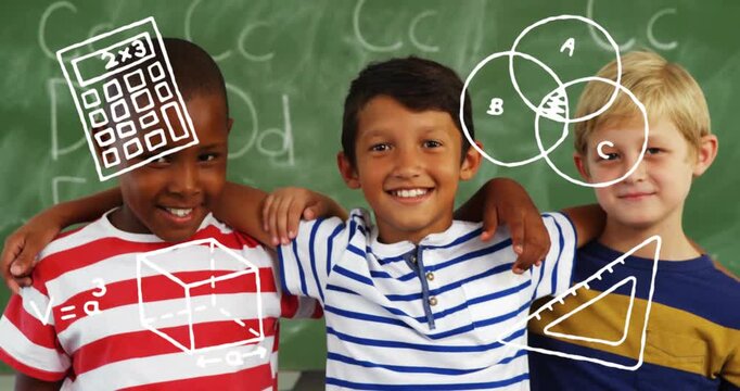 Three boys posing in school on playback overlays animating teaching math with calc cube Venn labels