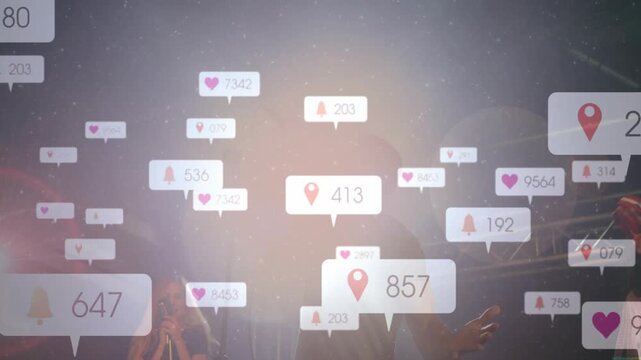 Lead singer singing onstage, raising arm, changing mic grip, notifications multiplying across frame