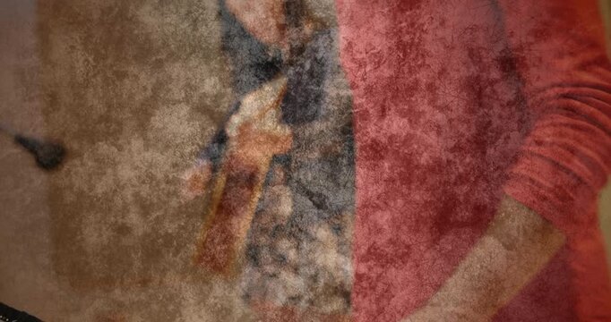 Man starting keys riff, woman joining with guitar, camera pulling back, cracked overlay, music