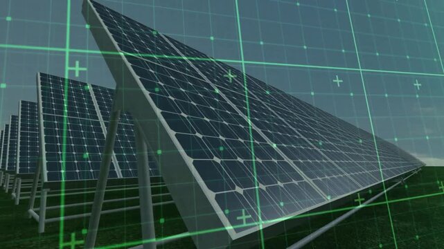 Camera starting low between panels, moving along ground-mounted solar arrays with HUD inspecting