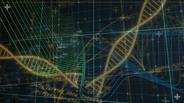 Cyan curve appearing, golden helix and green or blue ribbons forming intersecting showing data layer