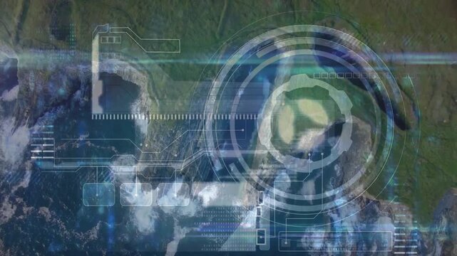 Faint HUD fading in, concentric rings rotating over crater, panels sliding in for sea survey