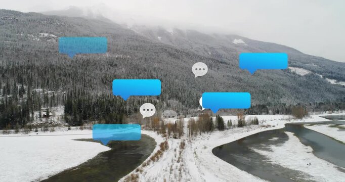 Vertical video: Blue bubble popping above snow track, forming chat icons rising fading for tech