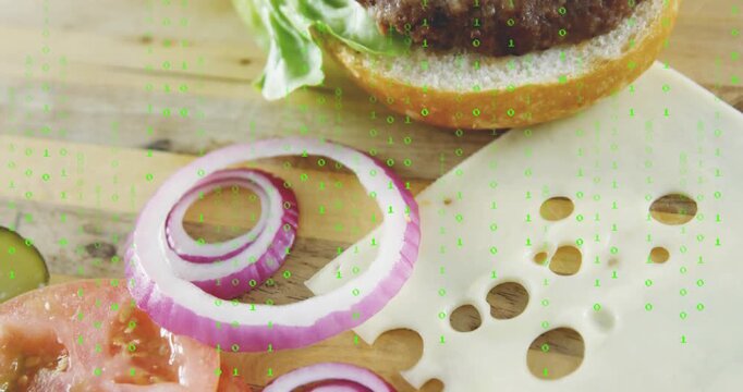 Camera shifting, food ingredients revealing tomato, onion, cheese with green code overlay for ads