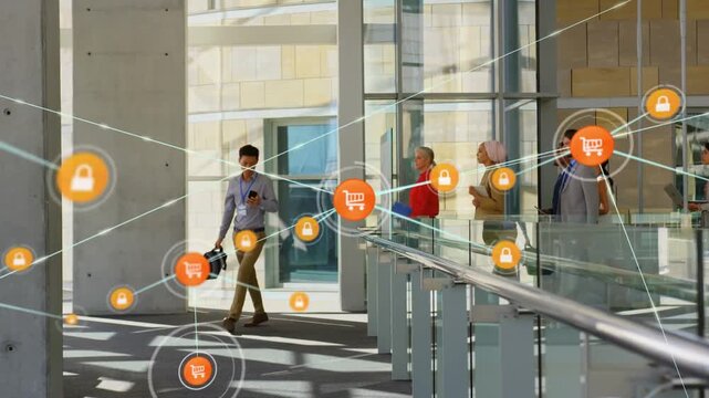 Man walking glass railing using phone, starting expanding retail cart and lock net around group
