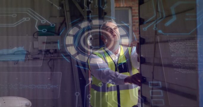 Vertical video: Warehouse worker gripping handle, pulling door down, securing bay while HUD guiding