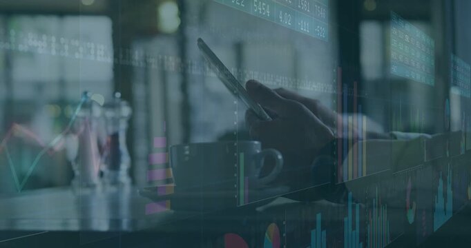 Adult male tapping smartphone at table in cafe, causing moving finance charts shifting for analysis