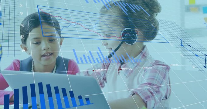Right student starting typing on laptop headset speaking holographic charts guiding shared learning