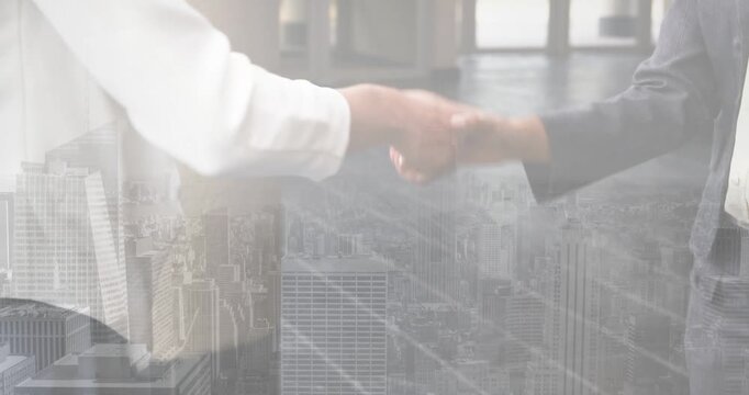 Business pair sharing info right offering shaking hands leaving left turning card skyline overlay