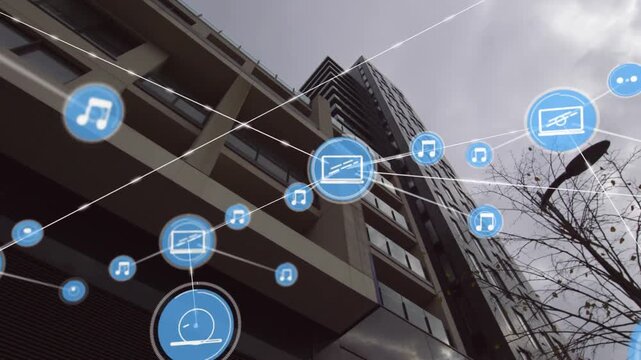 Facade gaining overlay when blue icon appearing, icons popping, linking, filling to show network