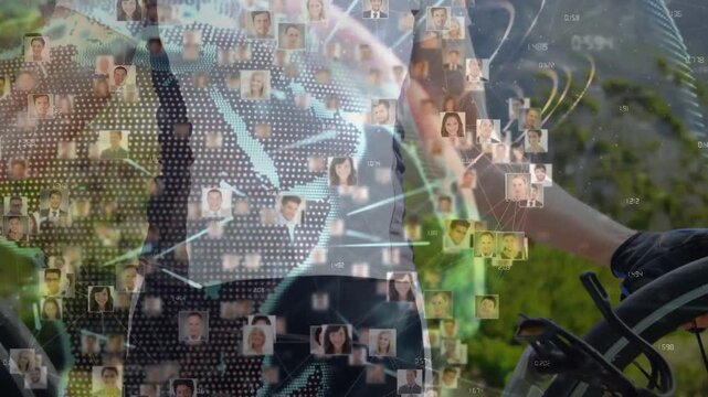 Overlay shifting, revealing cyclist smiling by bike in hills, portraits clustering, linking tech