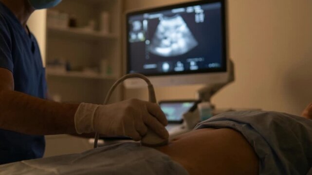 Doctor performing an ultrasound examination on a patient abdomen while monitoring results on a screen in a clinical setting, representing medical diagnostics and healthcare.