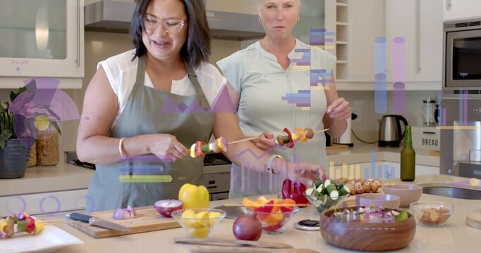 Vertical video: Two women starting by chopping peppers and assembling skewers for home cooking