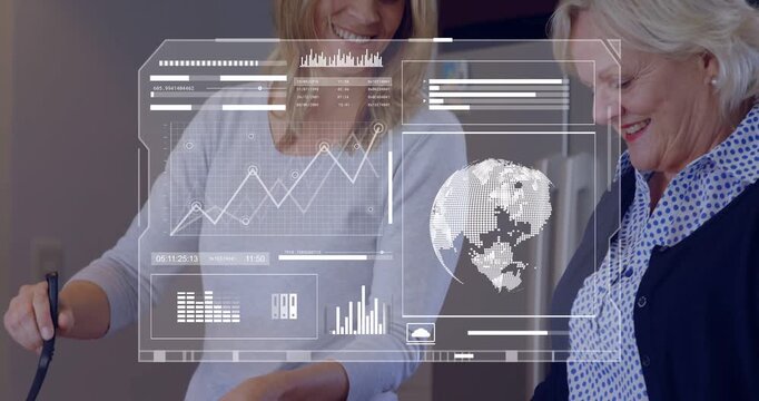 Mother and daughter making food at kitchen counter, hands adding spice activating HUD globe charts