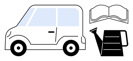 Transportation, learning, gardening, eco-friendly, hobby, minimalist design. A compact car, open book and watering can in a clean layout. Transportation and learning conceptual © robu_s