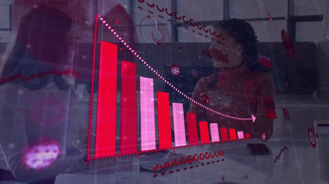Left woman tapping laptop, causing red bars and dotted downtrend for business review, peer reacting