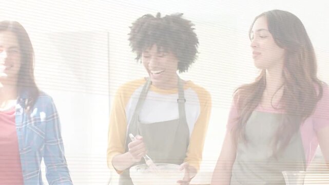 Vertical video: Three cooks mixing batter after spoon taste to bake, icons floating near bowl