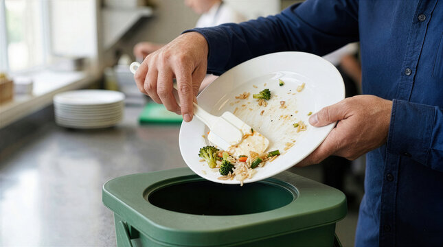 Kitchen staff scraping food leftovers from white plate into green organic waste bin for sustainability