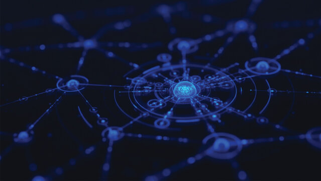 Blue digital network map with interconnected nodes and glowing circular interfaces representing global data infrastructure and cybersecurity systems in dark virtual environment.