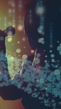 Vertical video: Music singer grabbing mic while playing piano singing as blue code bokeh obscuring
