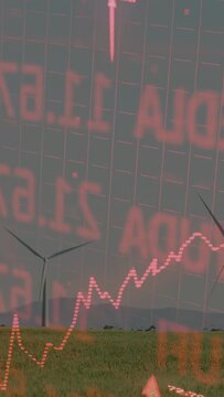 Vertical video: Finance overlay emerging over wind farm, animating dotted plot showing upward trend