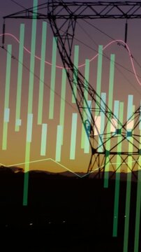 Vertical video: Pylon at dusk, bars rising from left and overlapping tower while mapping grid data