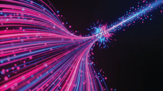 Dynamic neon pink and blue light streaks converging into bright central point with motion blur and glowing particles representing high speed data transfer and warp speed travel.