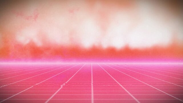 Digital animation of pink grid network against copy space on orange background