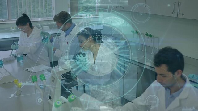 Animation of networks, data processing and scope over diverse scientists in laboratory