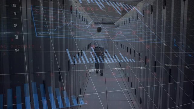 Animation of statistics and data processing over rugby player in sports stadium