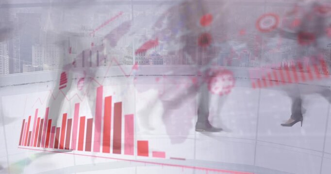 Animation of graphs and data processing over flag of statistical and wind turbine