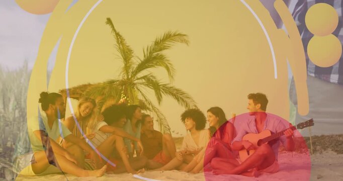 Animation of yellow banner with copy space over diverse group of friends enjoying at the beach