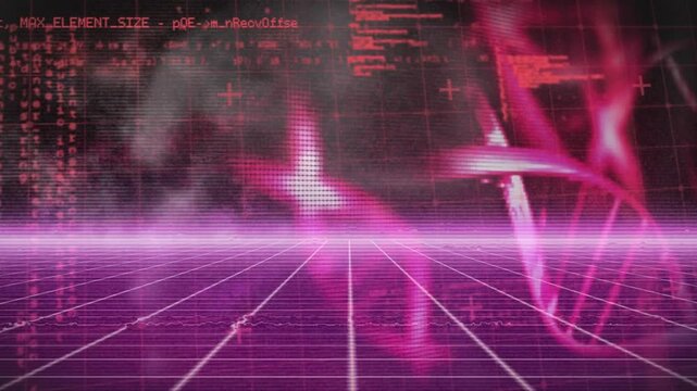 Animation of data processing and dna structures spinning over pink grid network on black background