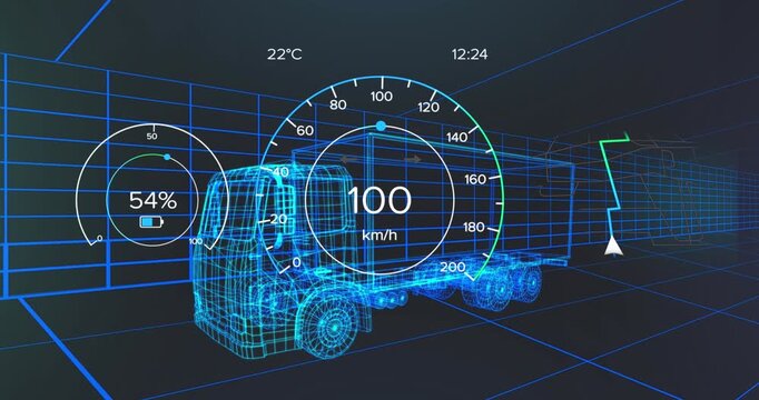 Animation of icons processing status data over truck model moving on black background
