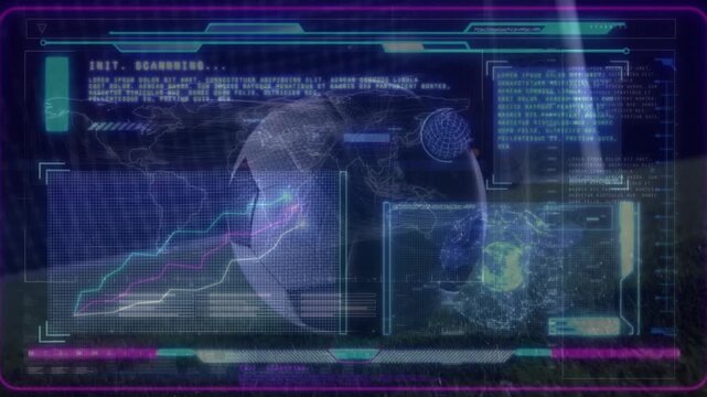 Animation of interface with data processing over low section of soccer player kicking the ball